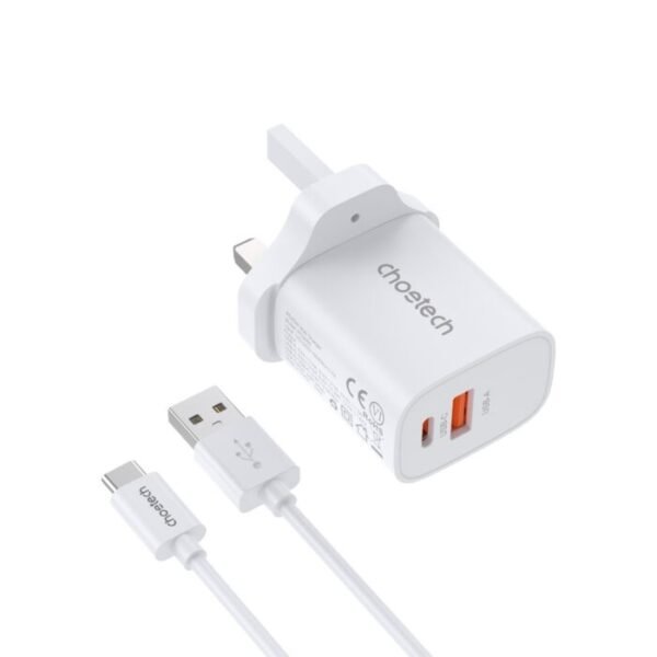 Choetech 20W USB-A and USB-C White Wall Charger w/ 1m USB-C Cable and UK Plug